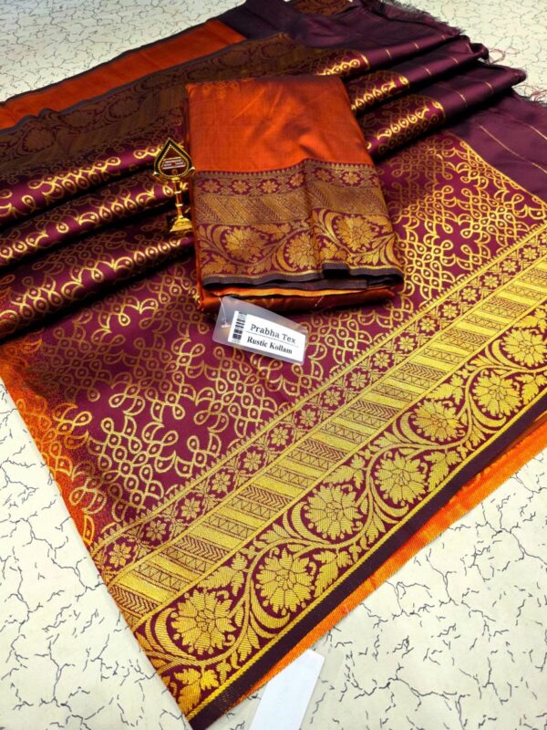 Own Production Kanchi Soft Silk Trending Saree - Rustic Orange kolam Design