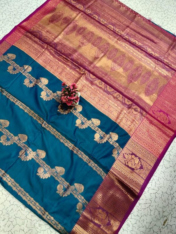 Kanjeevaram Treditional Semi Silk saree - Peacock blue & Gold Zari Border