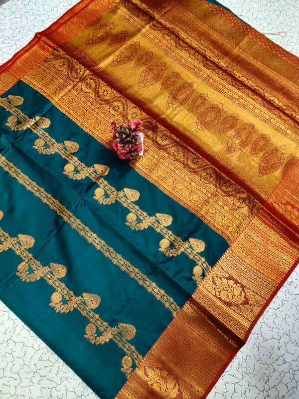 Kanjeevaram Treditional Semi Silk Saree - Rich Teal Green & gold Zari Border
