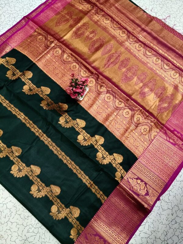 Kanjeevaram Treditional Semi Silk saree - Dark green & Gold Zari Border