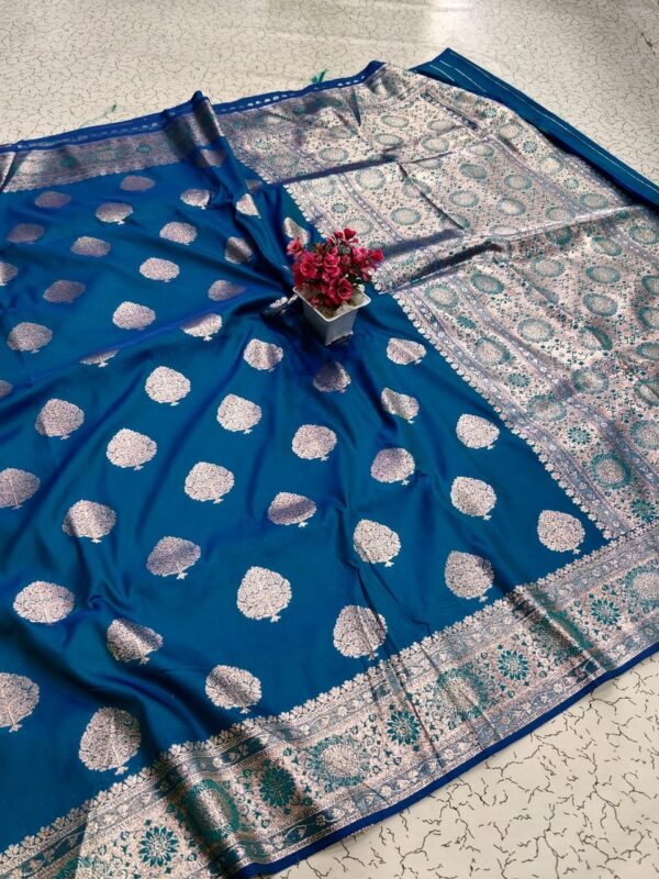 Pure Kora Silk Silver Zari - Peacock blue