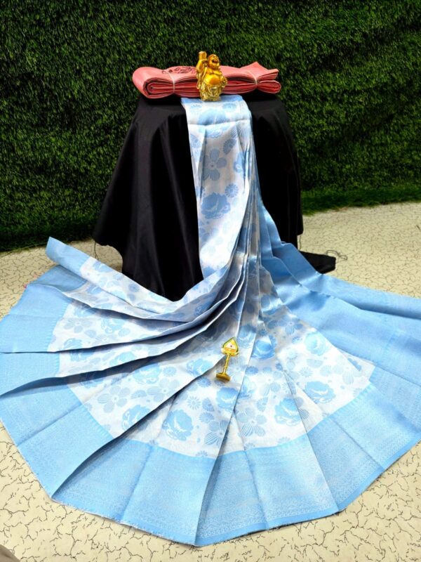 Laxmi Kubera Semi Silk Saree White with Sky Blue