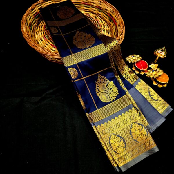 Own Production Premium Kanchi Checked Semi Soft Silk - Navy Blue